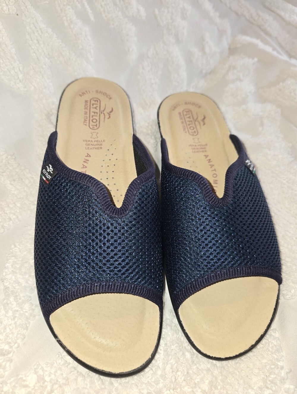 Fly Flot Italian Navy Slip-On Ergonomic Anti-Shock Comfy Sandals 39/8 NWOT